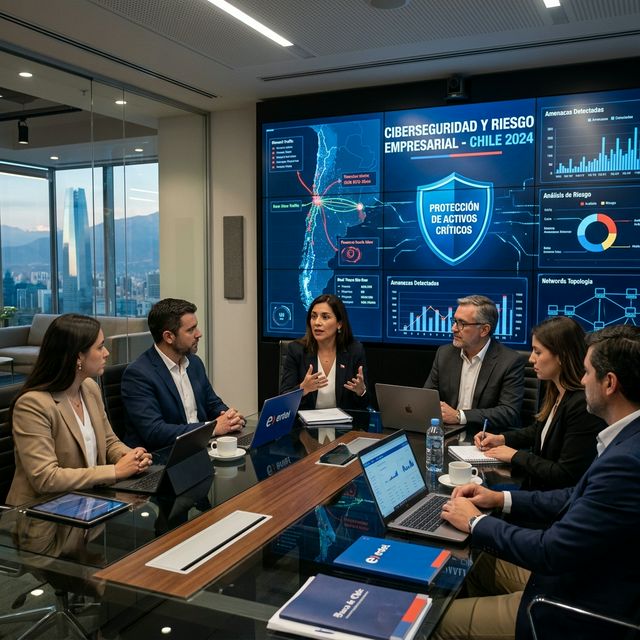 Ejecutivos en una sala de reuniones discutiendo sobre ciberseguridad y riesgo empresarial en Chile